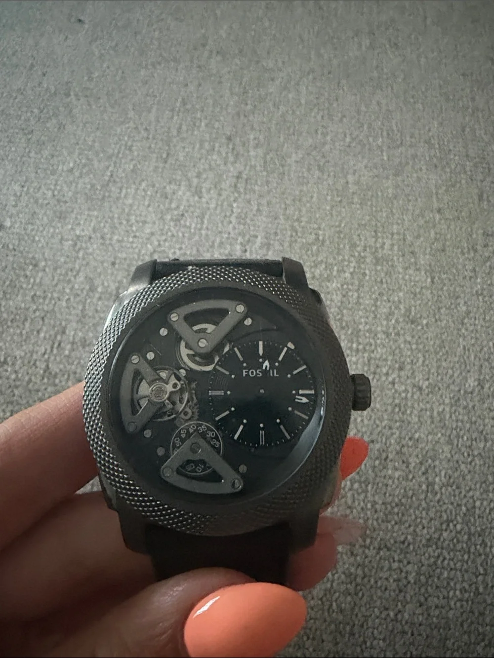 Fossil Men's Black Leather Automatic Skeleton Dial Watch